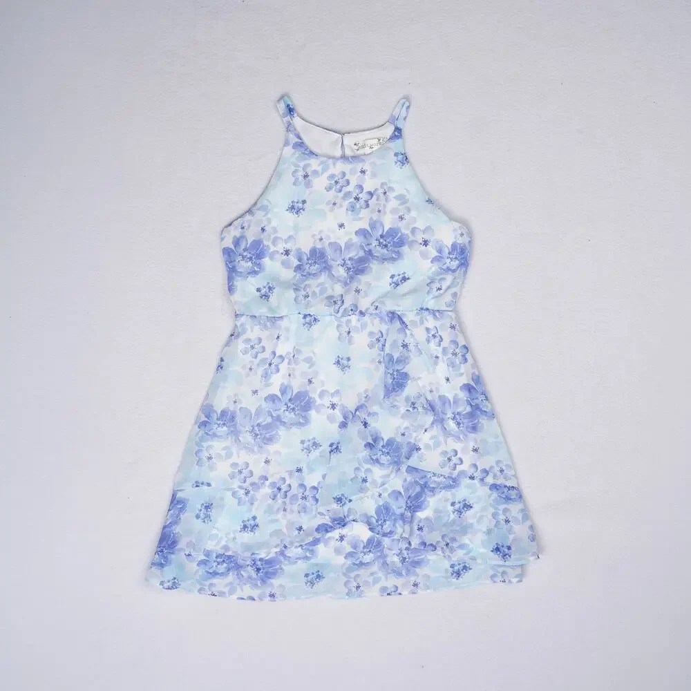 Knitworks Girls Blue Floral Halter Dress & White Denim Jacket Set Sz 6